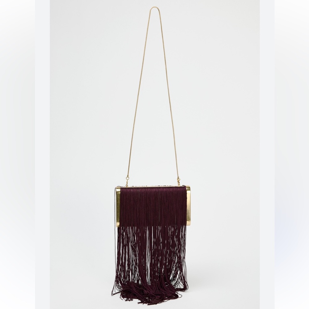 Zara NWT fringe clutch gold burgundy bag 6635/410 - Picture 2 of 8